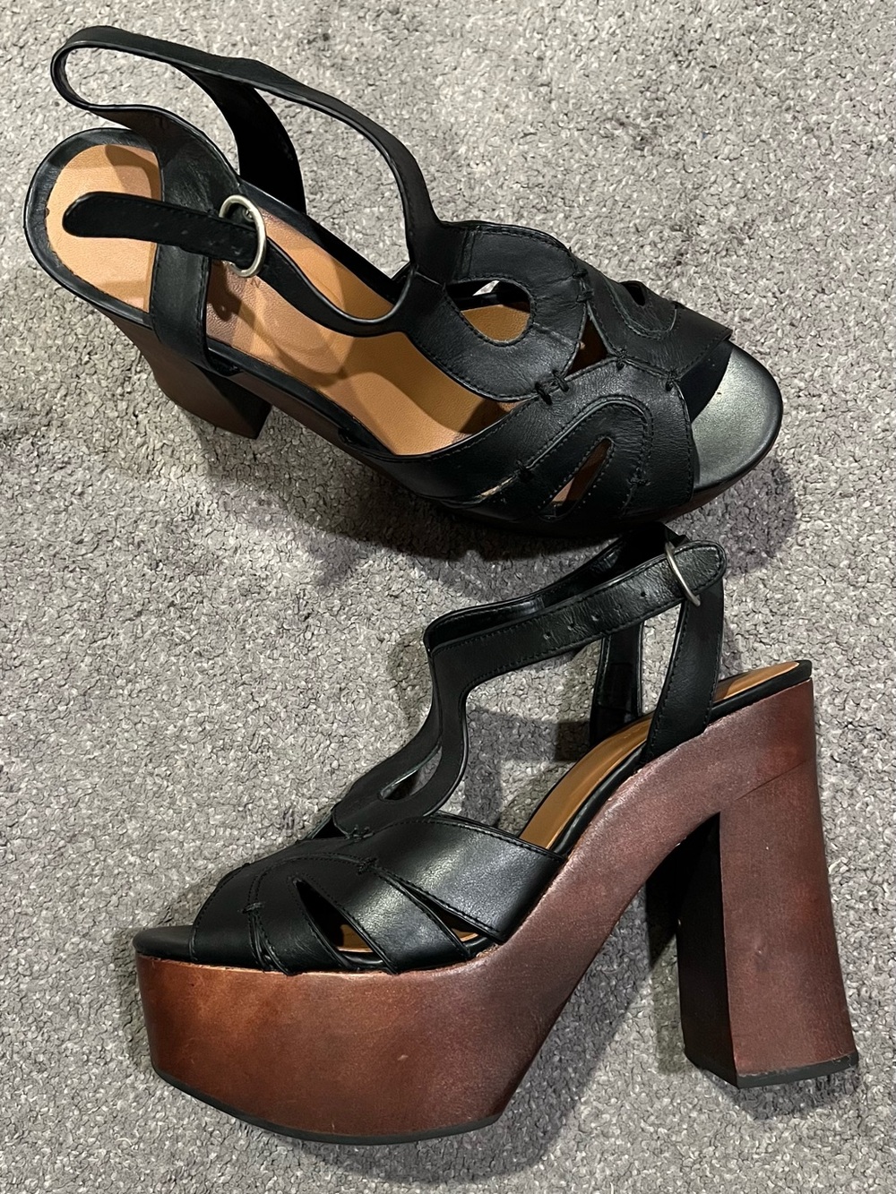 ZARA WOMEN PLATFORM SANDAL BLACK LEATHER SIZE 41 BROWN WOOD BLOCK HEEL SHOES